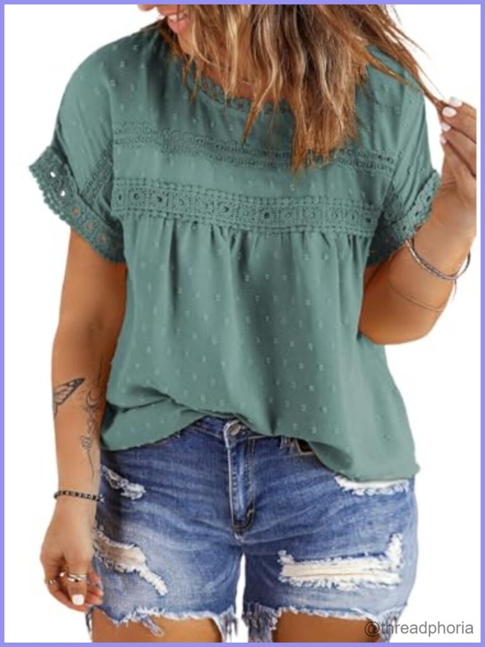 Plus Size Blouse Short Sleeve Crewneck Boho Chiffon Button Back Lace